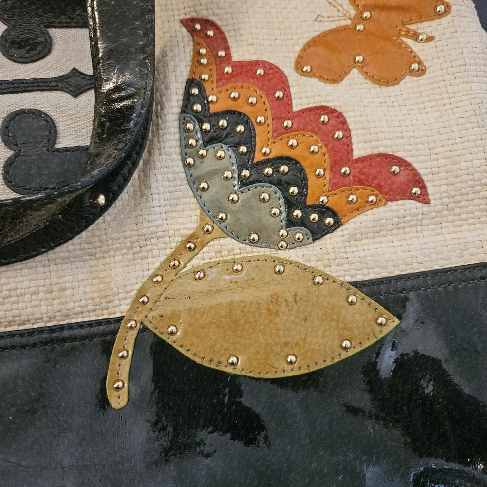 Tory Burch Cream Canvas Tote with Black Trim and Multicolor Butterfly Appliqués